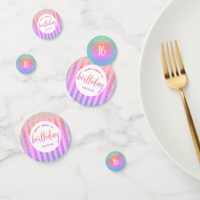 Sweet 16 birthday rainbow ombre glitter script confetti (Group)