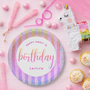 Sweet 16 birthday rainbow ombre glitter script paper plate