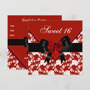Sweet 16  Birthday Red Black White Floral Bow Invitation