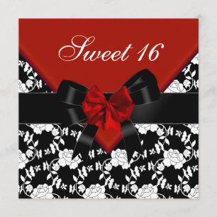 Sweet 16  Birthday Red Black White Floral Bow Invitation