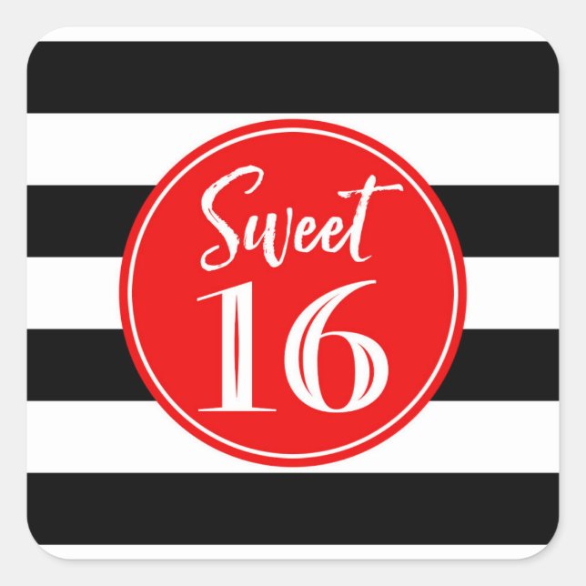 Sweet 16 Birthday Red Black White Square Sticker (Front)