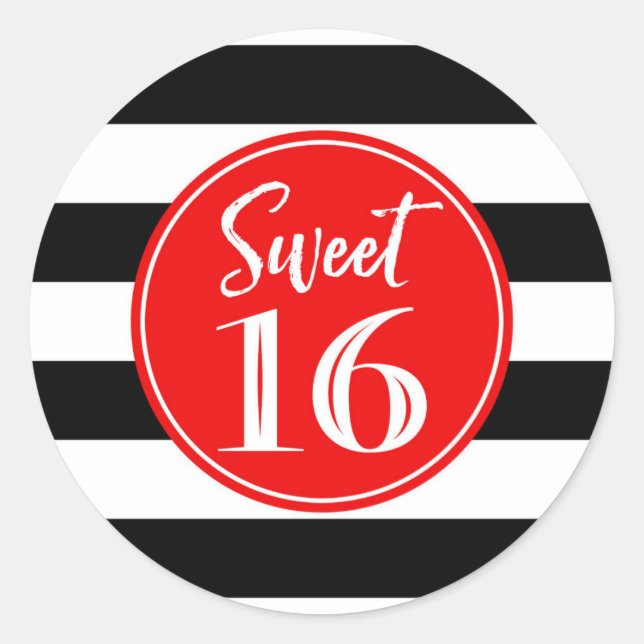 Sweet 16 Birthday Red Black White Stripes Classic Round Sticker (Front)