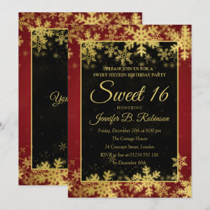 Sweet 16 Birthday Red & Gold Foil Snowflakes Invitation