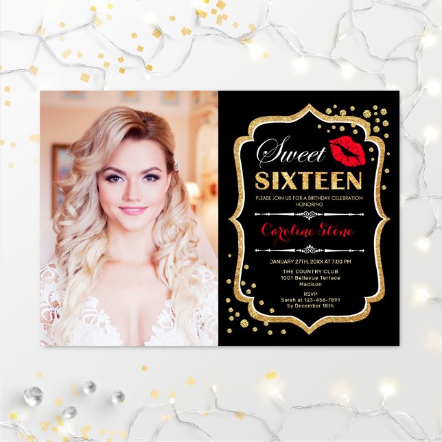 Sweet 16 Birthday Red Kiss Gold Black Photo Invitation (Creator Uploaded)