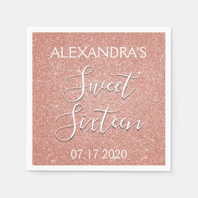 Sweet 16 Birthday Rose Gold Blush Pink Glitter Napkin (Front)