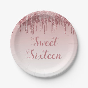 Sweet 16 Birthday Rose Gold Blush Pink Glitter Paper Plate