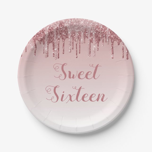 Sweet 16 Birthday Rose Gold Blush Pink Glitter Paper Plate (Front)