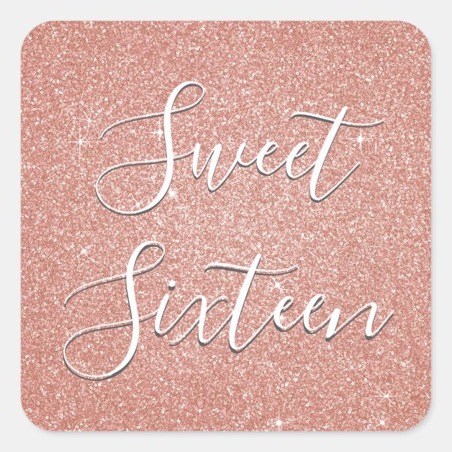 Sweet 16 Birthday Rose Gold Blush Pink Glitter Square Sticker (Front)