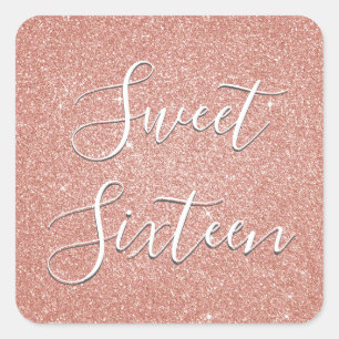 Sweet 16 Birthday Rose Gold Blush Pink Glitter Square Sticker