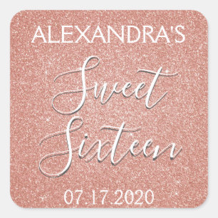 Sweet 16 Birthday Rose Gold Blush Pink Glitter Square Sticker