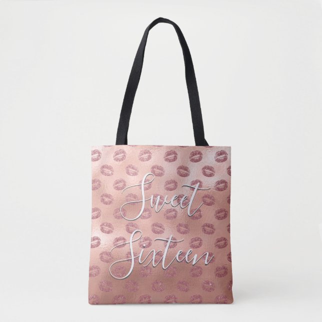Sweet 16 Birthday Rose Gold Blush Pink Lips Tote Bag (Front)