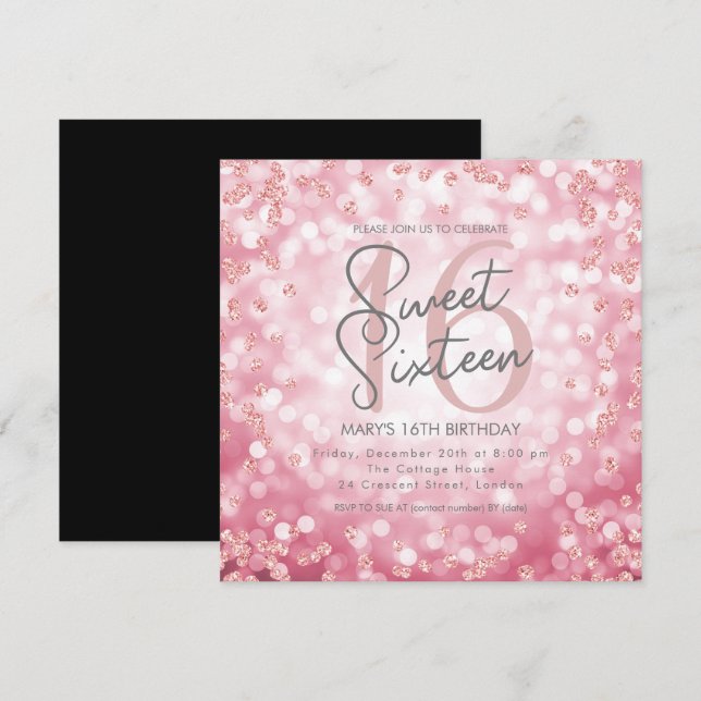 Sweet 16 Birthday Rose Gold Chic Glitter Lights Invitation (Front/Back)