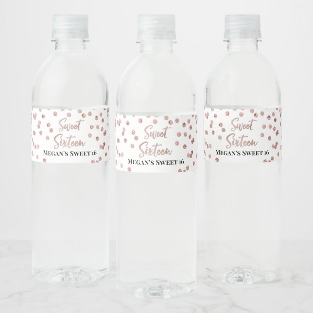Sweet 16 Birthday Rose Gold Confetti Water Bottle Label (Bottles)