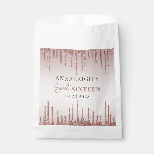 Sweet 16 Birthday Rose Gold Glitter Drip Favour Bags (Front)