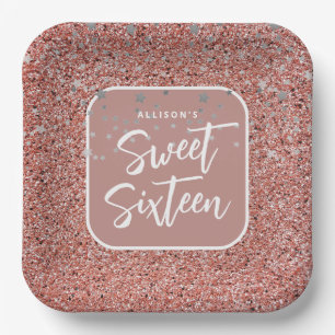 Sweet 16 Birthday Rose Gold Glitter Personalized Paper Plate