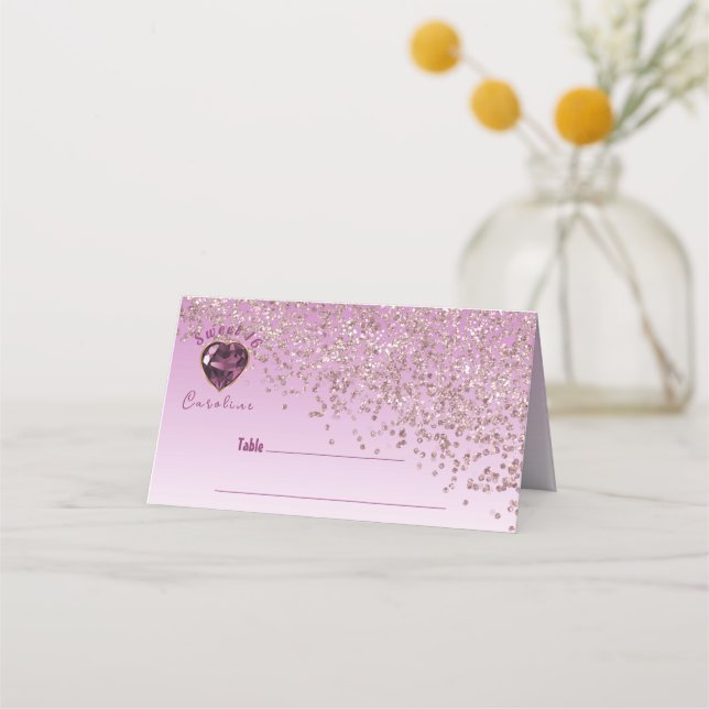 Sweet 16 Birthday Rose Gold Glitter & Pink Gem Place Card (Front)
