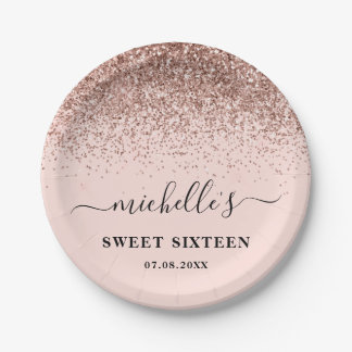 Sweet 16 Birthday Rose Gold Glitter Sparkle Name Paper Plate