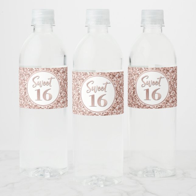 Sweet 16 Birthday Rose Gold Glitter Water Bottle L Water Bottle Label (Bottles)
