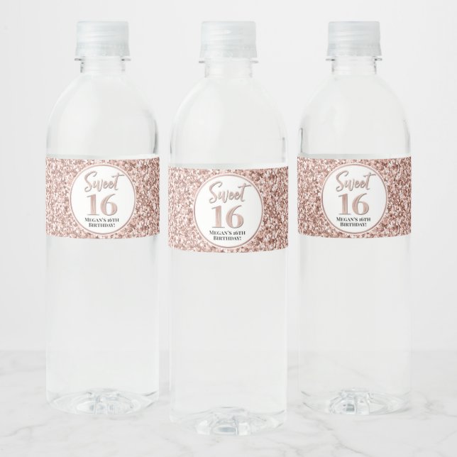 Sweet 16 Birthday Rose Gold Glitter Water Bottle Label (Bottles)