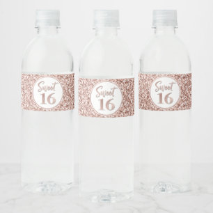 Sweet 16 Birthday Rose Gold Glitter Water Bottle Label