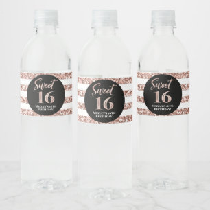 Sweet 16 Birthday Rose Gold Stripes Water Bottle Label