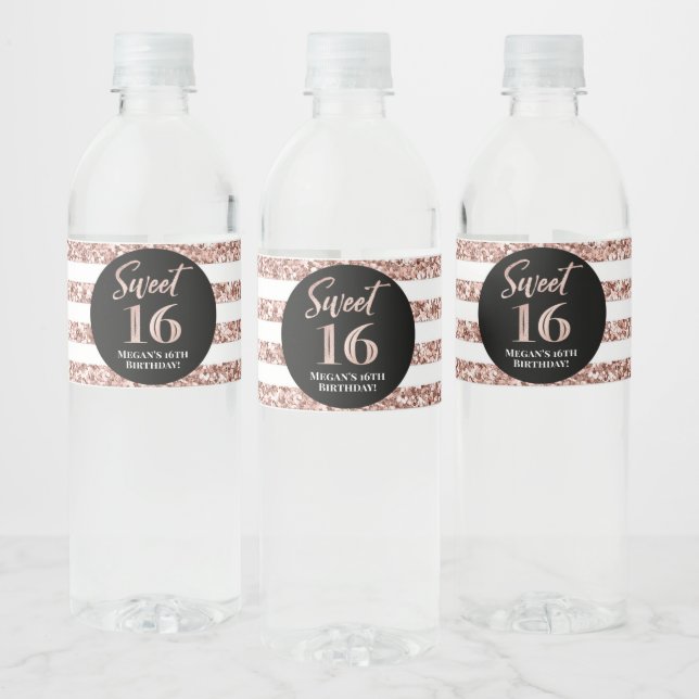 Sweet 16 Birthday Rose Gold Stripes Water Bottle Label (Bottles)