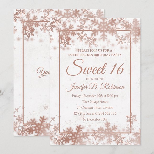Sweet 16 Birthday Rose Gold White Foil Snowflakes Invitation (Front/Back)