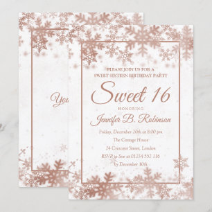 Sweet 16 Birthday Rose Gold White Foil Snowflakes Invitation