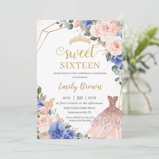 Sweet 16 Birthday Royal Blue Blush Floral Dress  Invitation (Standing Front)