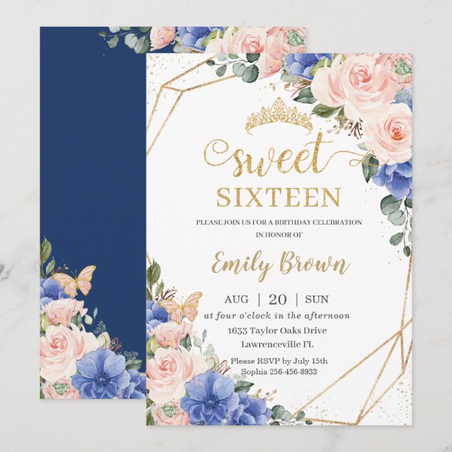 Sweet 16 Birthday Royal Blue Blush Floral Tiara Invitation (Front/Back)