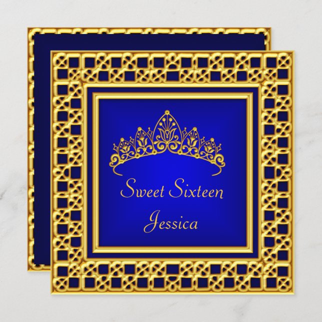 Sweet 16 Birthday  Royal Blue Gold Silver Tiara Invitation (Front/Back)