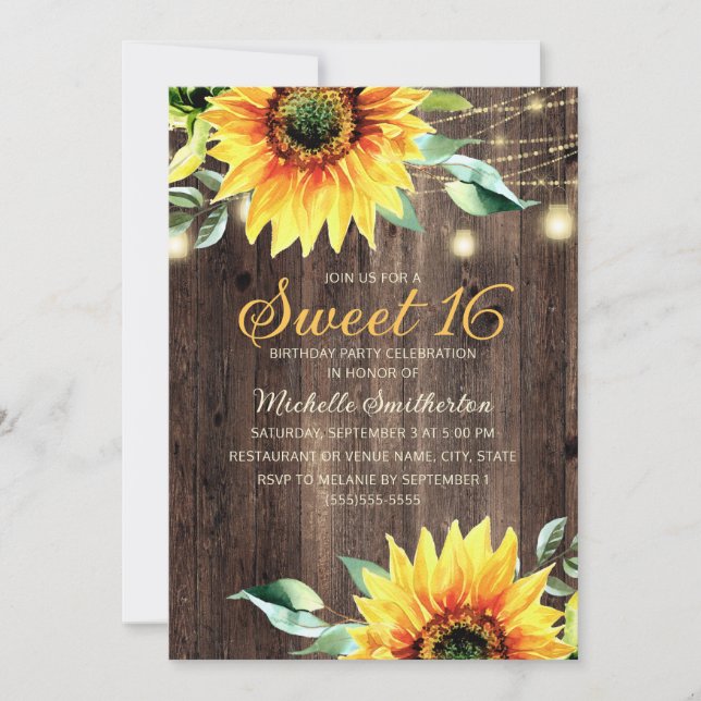 Sweet 16 Birthday Rustic Sunflowers String Lights Invitation (Front)