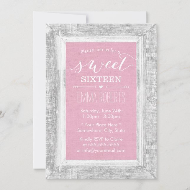 Sweet 16 Birthday Rustic Wood Frame Light Pink Invitation (Front)