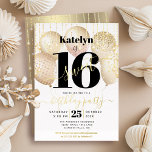 Sweet 16 Birthday Script Balloons White Real Gold<br><div class="desc">“Happy Sweet 16”. Send out this stunning, simple, festive, modern, personalised real gold foil party invitation for an event to remember. Bold, graphic, black typography and real gold foil handwritten script overlay faux gold balloons and faux gold sparkly string lights on a sophisticated, white background. Personalise the custom text with...</div>