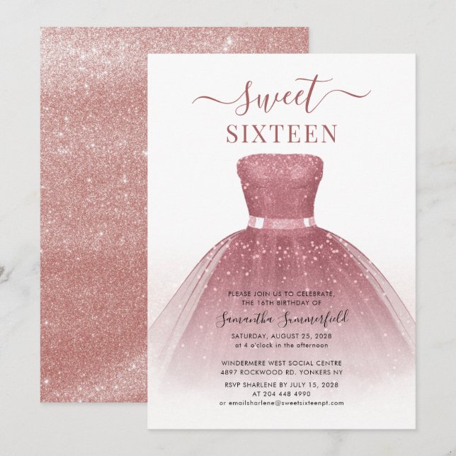 Sweet 16 Birthday Script Rose Gold Birthday Party Invitation (Front/Back)