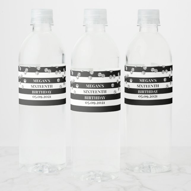 Sweet 16 Birthday Silver Confetti Black Stripes Water Bottle Label (Bottles)