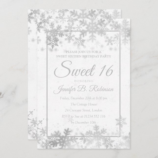 Sweet 16 Birthday Silver Foil Snowflakes Invitation (Front/Back)