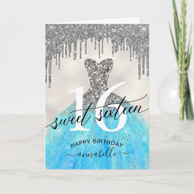 Sweet 16 Birthday Silver Glitter Drips Card (Front)