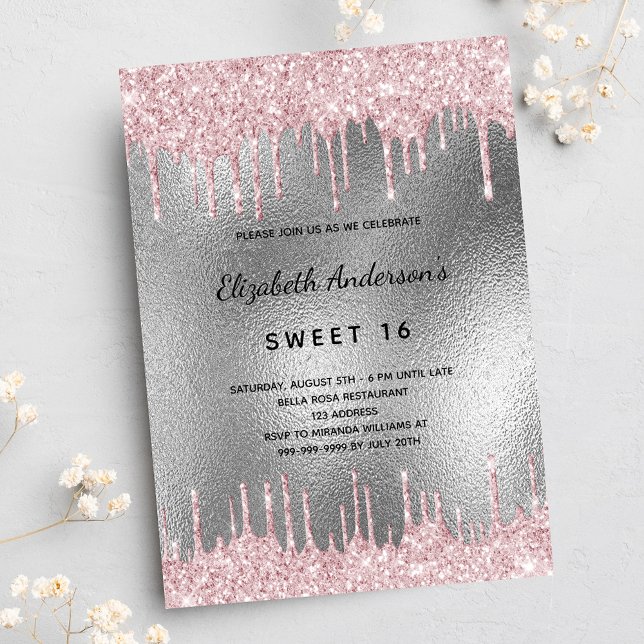 Sweet 16 birthday silver glitter pink invitation postcard (Creator Uploaded)