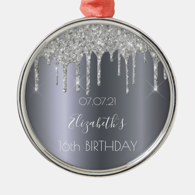 Sweet 16 birthday silver metallic glitter drips metal tree decoration (Front)