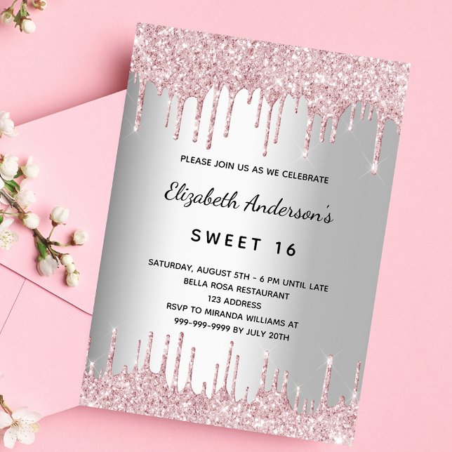 Sweet 16 birthday silver pink glitter drips invitation postcard (Creator Uploaded)