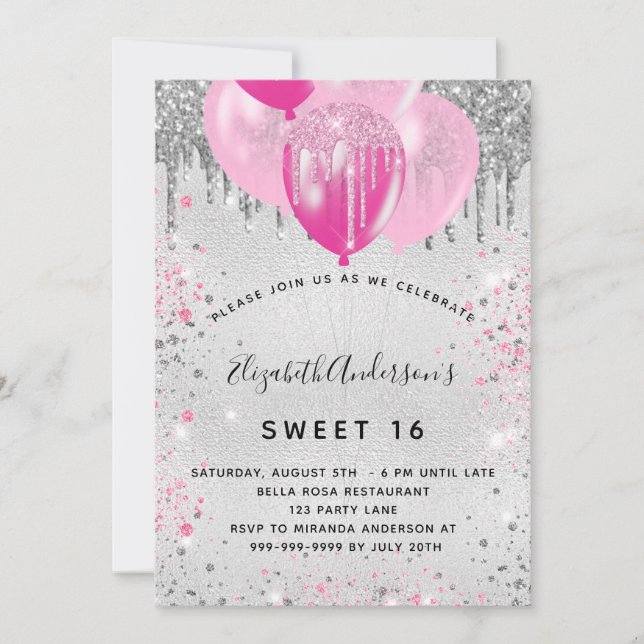 Sweet 16 birthday silver pink glitter dust  invitation (Front)