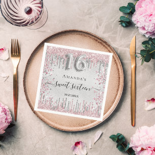 Sweet 16 birthday silver pink glitter hearts napkin