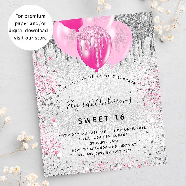 Sweet 16 birthday silver pink glitter invitation (Creator Uploaded)