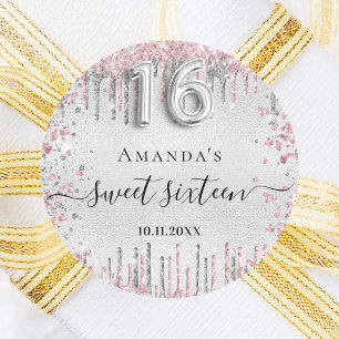 Sweet 16 birthday silver pink glitter script classic round sticker