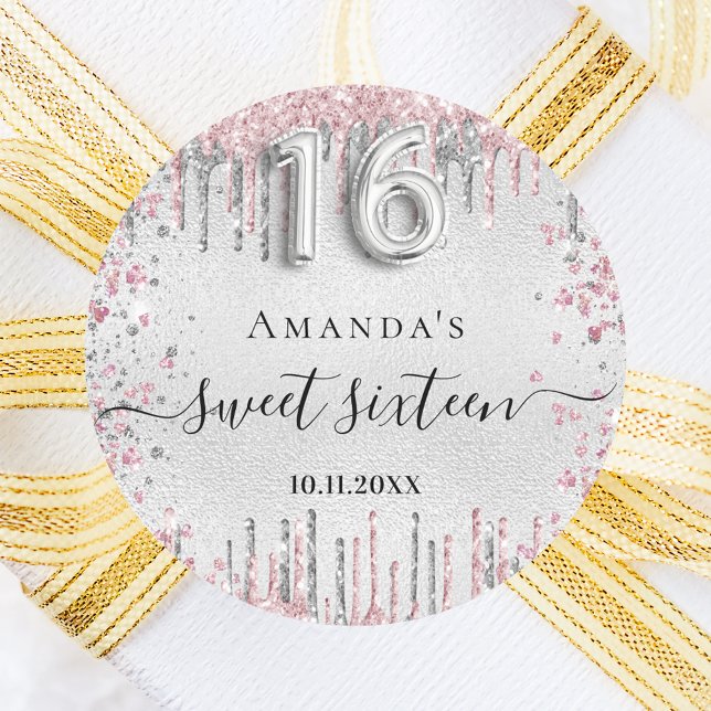 Sweet 16 birthday silver pink glitter script classic round sticker (Creator Uploaded)