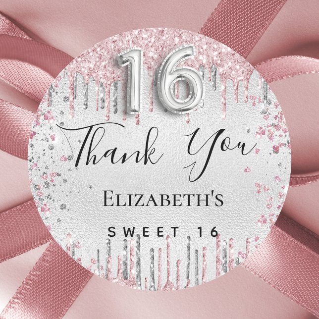 Sweet 16 birthday silver pink glitter thank you classic round sticker (Creator Uploaded)