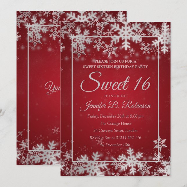 Sweet 16 Birthday Silver Red Foil Snowflakes Invitation (Front/Back)
