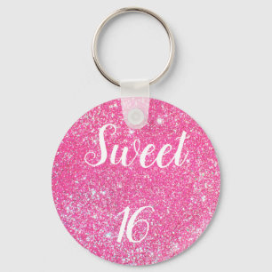 SWEET 16 Birthday Sparkle Hot Pink Glitter Key Ring