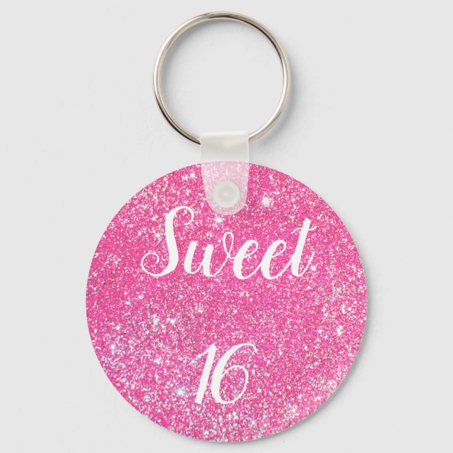 SWEET 16 Birthday Sparkle Hot Pink Glitter Key Ring (Front)